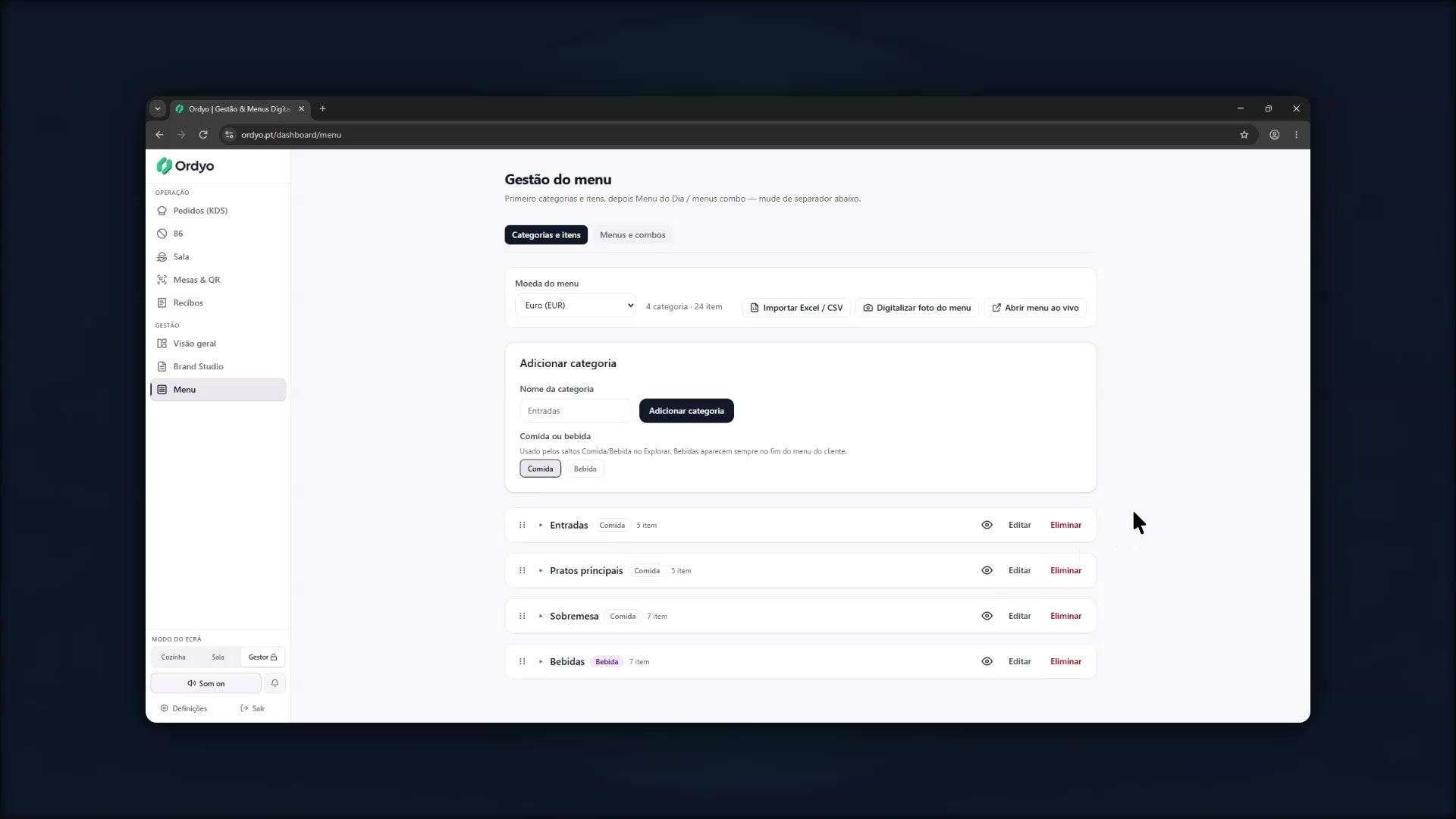 Ordyo — gestão do menu com categorias e itens