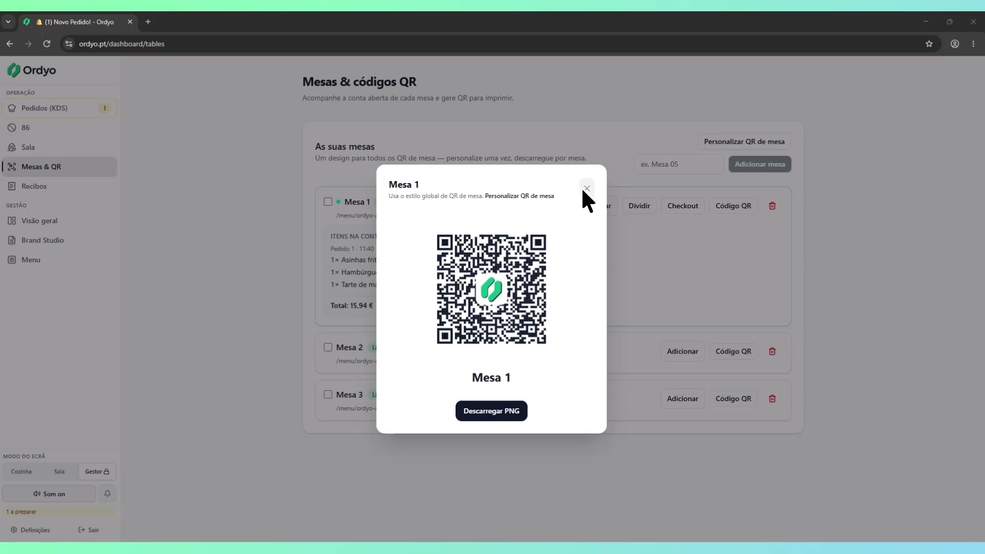 Ordyo — código QR da Mesa 1 para descarregar